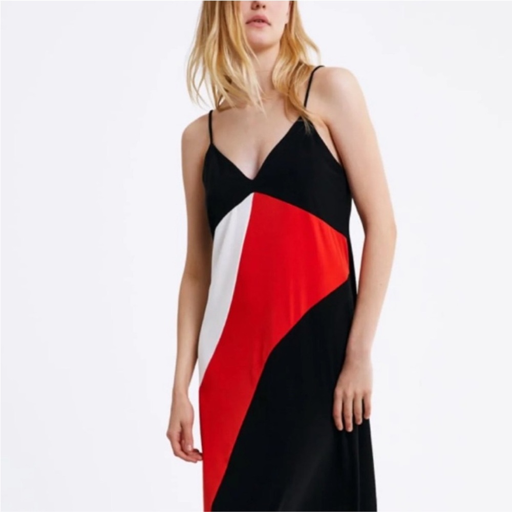 Zara Midi Dress with spaghetti straps in black, orange, and white